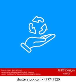 Web line icon. Three round arrows in hand (Service processing, recycling, conversion)