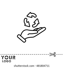 Web line icon. Three round arrows in hand (Service processing, recycling, conversion)