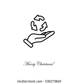 Web line icon. Three round arrows in hand (Service processing, recycling, conversion)