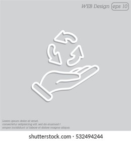 Web line icon. Three round arrows in hand (Service processing, recycling, conversion)