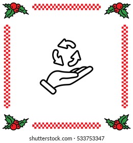 Web line icon. Three round arrows in hand (Service processing, recycling, conversion)