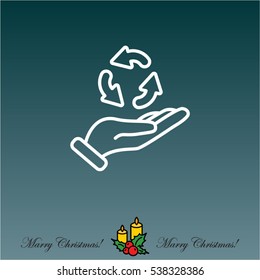 Web line icon. Three round arrows in hand (Service processing, recycling, conversion)