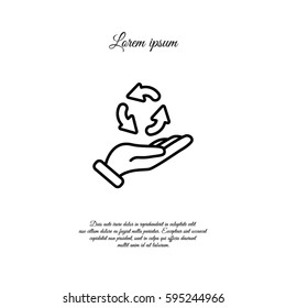 Web line icon. Three round arrows in hand (Service processing, recycling, conversion)