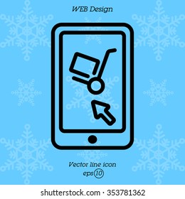 Web line icon. Trolley and smartphone; online service, delivery icon
