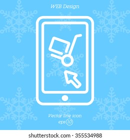 Web line icon. Trolley and smartphone; online service, delivery icon