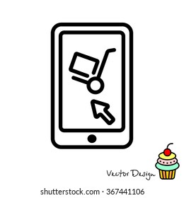 Web line icon. Trolley and smartphone; online service, delivery icon