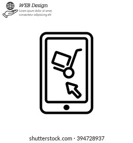 Web line icon. Trolley and smartphone; online service, delivery icon