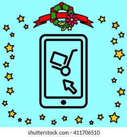 Web line icon. Trolley and smartphone; online service, delivery icon