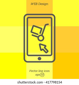 Web line icon. Trolley and smartphone; online service, delivery icon