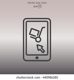 Web line icon. Trolley and smartphone; online service, delivery icon