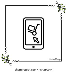 Web line icon. Trolley and smartphone; online service, delivery icon