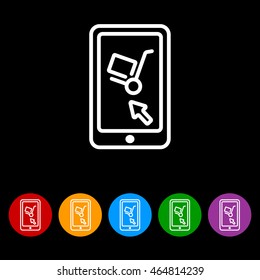 Web line icon. Trolley and smartphone; online service, delivery icon