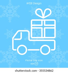 Web line icon. Truck with a gift, Delivery icon