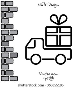 Web line icon. Truck with a gift, Delivery icon