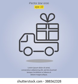 Web line icon. Truck with a gift, Delivery icon
