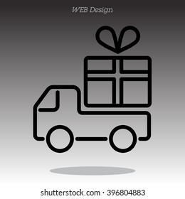 Web line icon. Truck with a gift, Delivery icon
