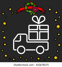 Web line icon. Truck with a gift, Delivery icon