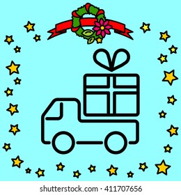 Web line icon. Truck with a gift, Delivery icon