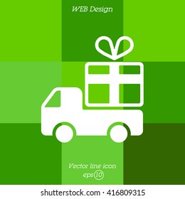 Web line icon. Truck with a gift, Delivery icon