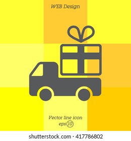 Web line icon. Truck with a gift, Delivery icon