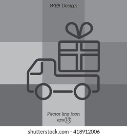 Web line icon. Truck with a gift, Delivery icon