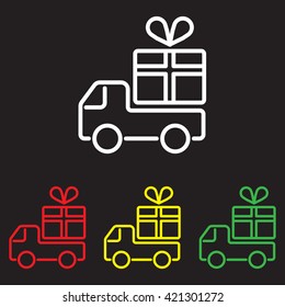 Web line icon. Truck with a gift, Delivery icon