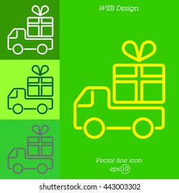 Web line icon. Truck with a gift, Delivery icon
