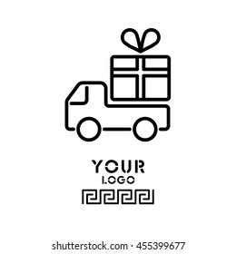 Web line icon. Truck with a gift, Delivery icon