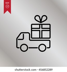 Web line icon. Truck with a gift, Delivery icon