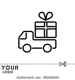 Web line icon. Truck with a gift, Delivery icon