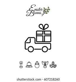 Web line icon. Truck with a gift, Delivery icon