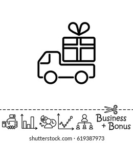 Web line icon. Truck with a gift, Delivery icon