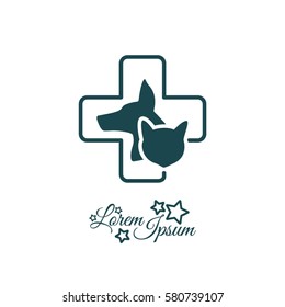 Web line icon. Veterinary medicine icon (dog, cat and cross).
