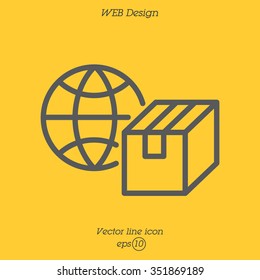 Web line icon. World shipping, Globe and box