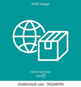 Web line icon. World shipping, Globe and box
