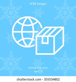 Web line icon. World shipping, Globe and box
