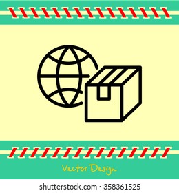 Web line icon. World shipping, Globe and box