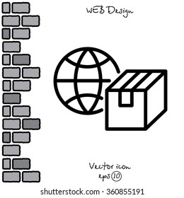 Web line icon. World shipping, Globe and box