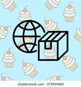 Web line icon. World shipping, Globe and box