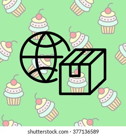 Web line icon. World shipping, Globe and box