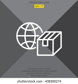 Web line icon. World shipping, Globe and box