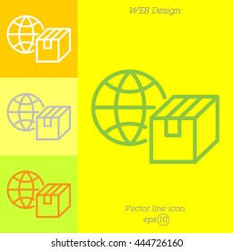 Web line icon. World shipping, Globe and box