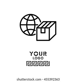 Web line icon. World shipping, Globe and box
