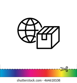 Web line icon. World shipping, Globe and box