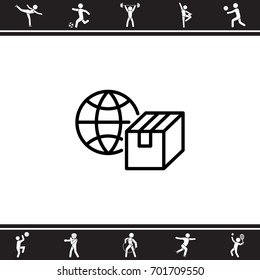 Web line icon. World shipping, Globe and box