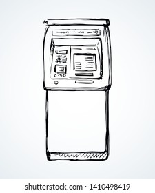 Web Line Store Loan Display Bancomat Kiosk Pin Code Keypad Teller Device On White Paper. Outline Black Hand Drawn Earn Dollar Bill Salary Monitor Logo Sign Icon Concept Sketch In Graphic Cartoon Style