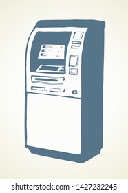 Web line store loan display bancomat kiosk pin code keypad teller device on white paper. Outline black hand drawn earn dollar bill salary monitor logo sign icon concept sketch in graphic cartoon style