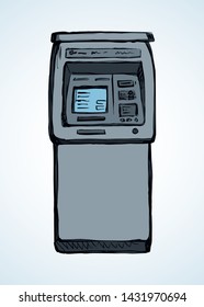 Web line store loan display bancomat kiosk pin code keypad teller device on white paper. Outline black hand drawn earn dollar bill salary monitor logo sign icon concept sketch in graphic cartoon style