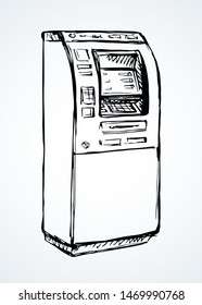 Web Line Store Loan Display Bancomat Kiosk Pin Code Keypad Teller Device On White Paper. Outline Black Hand Drawn Earn Dollar Bill Salary Monitor Logo Sign Icon Concept Sketch In Graphic Cartoon Style