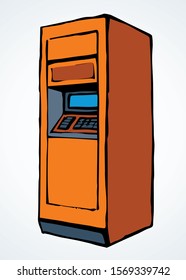 Web line store loan display bancomat kiosk pin code keypad teller device on white paper. Orange color hand drawn earn dollar bill salary monitor logo sign icon concept sketch in graphic cartoon style